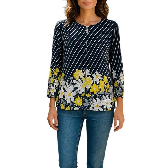 Bob Mackie Diagonal Stripe Multi-Floral Ponte Knit Jacket Gray Size S - Picture 2 of 7